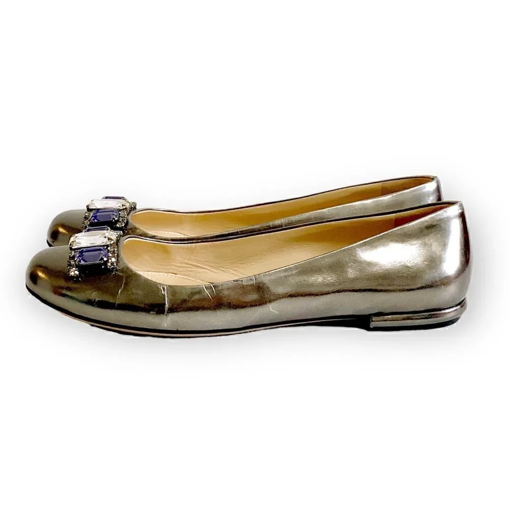 Prada pewter leather jewelled flats, size 38.5 EU